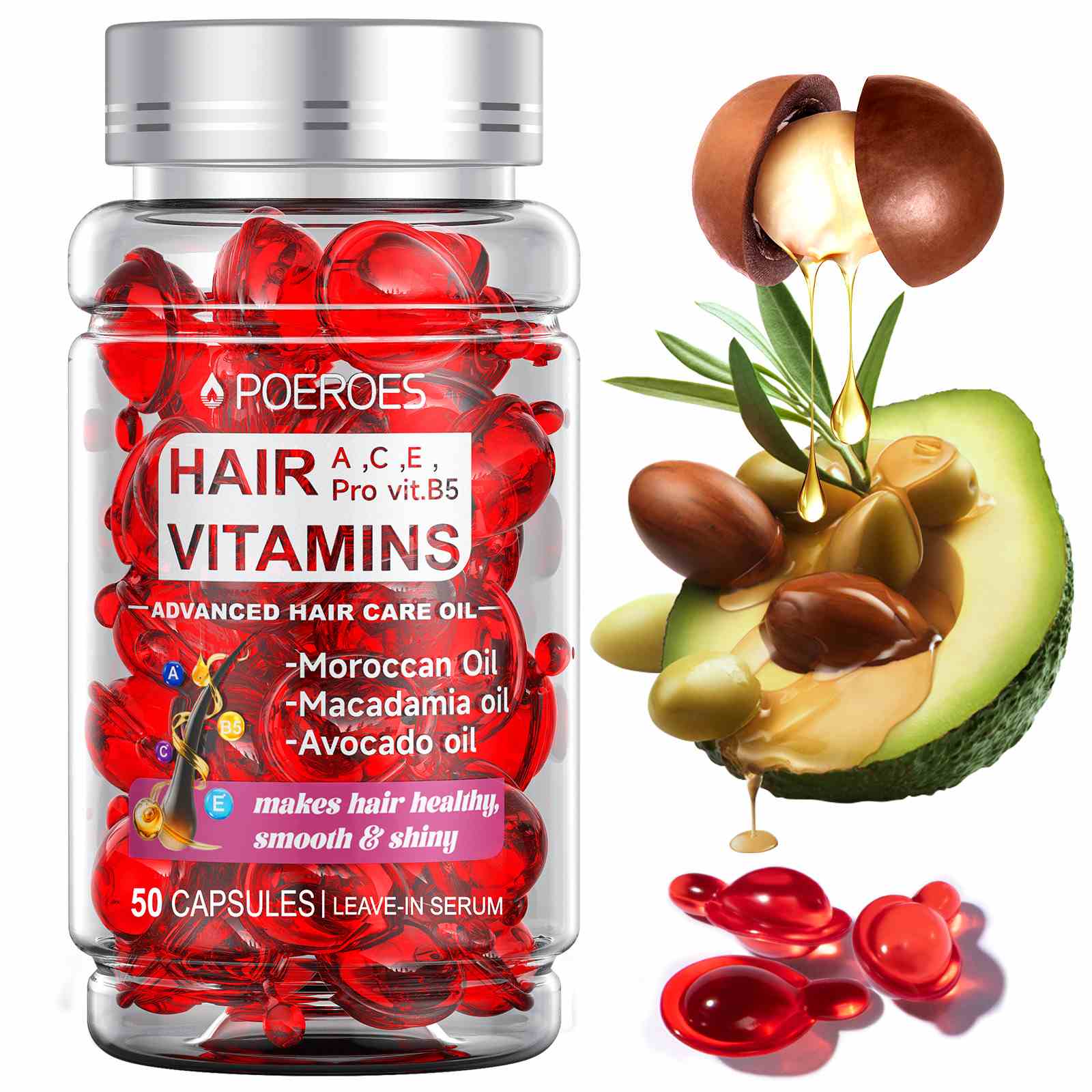 POEROES Hair oil with argan avocado & Moroccan  Oil - Hair Vitamins A C E Pro B5 - hair serum for frizzy and damaged hair - Leave In Conditioner 50 Capsules